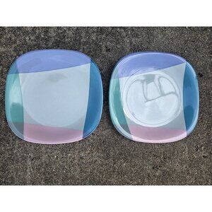 2 Mikasa Tempo Eighty Video Square Ceramic Dinner Plates Pastel Geometric Design